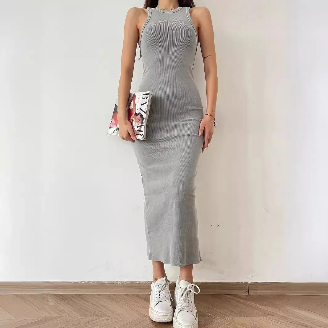 

Summer Dresses 2025 Fashion Ribbed Dress Spring New Product Silm Hip-covering Sleeveless Waist-cinching One-step Dresses