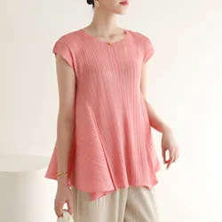 Summer MIYAKE Pleated Small Design Sense Irregular Fashion Solid Fresh Casual T-shirt [3014]