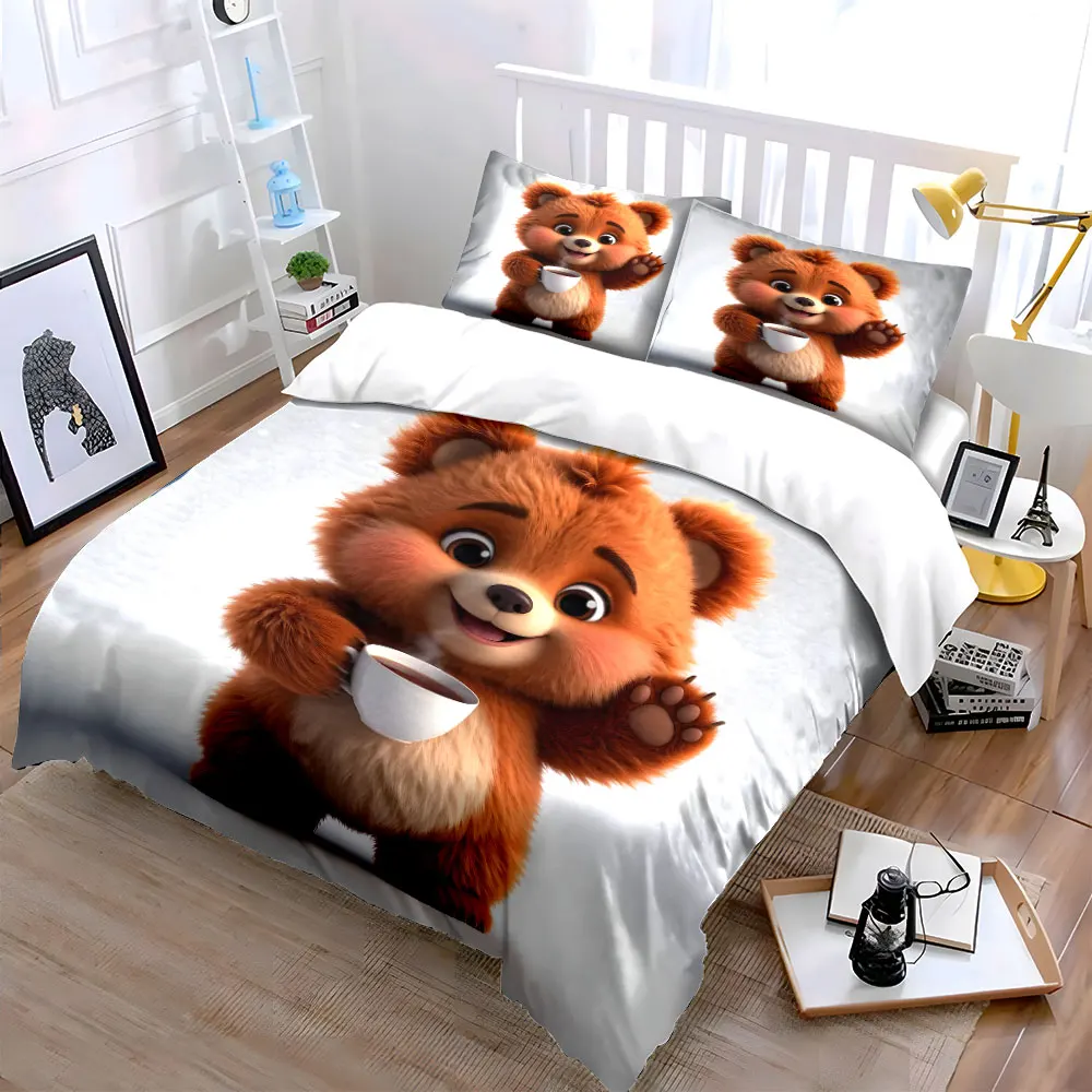 Cute plush animal holding cup Print Bedding Set 1 Duvet Cover 2 Pillowcases for Adult and Children Luxury Gift Full Size