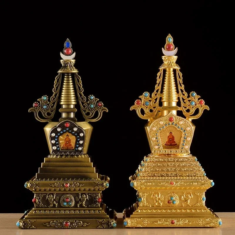 

Bronze Tibetan Stupa Tantric Engraved Pearl Inlaid Gem Shiri Buddhist Statue Alloy Handicraft Altars Indoor Desktop Decorative