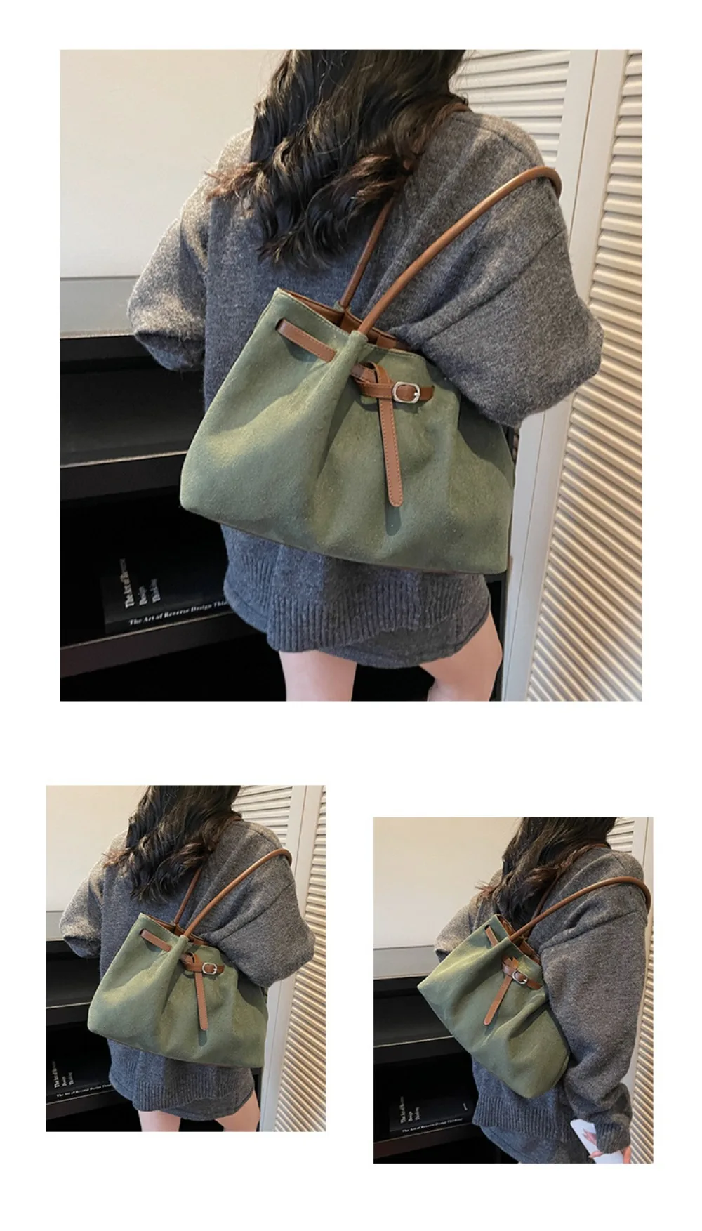 Elegante Wildleder-Umhängetasche mit großem Fassungsvermögen, Retro-Handtasche, einfarbig, erhältlich in 4 Farben, Pendler-Tragetasche, Schule/Reisen/Arbeit – Detail 3