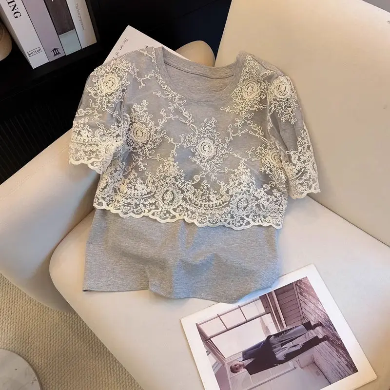 Pure Desire Sexy Lace Short Sleeve T-Shirt Women's Summer New American Style Loose Fairy Small Shirt Top Korean Style Loose Fit