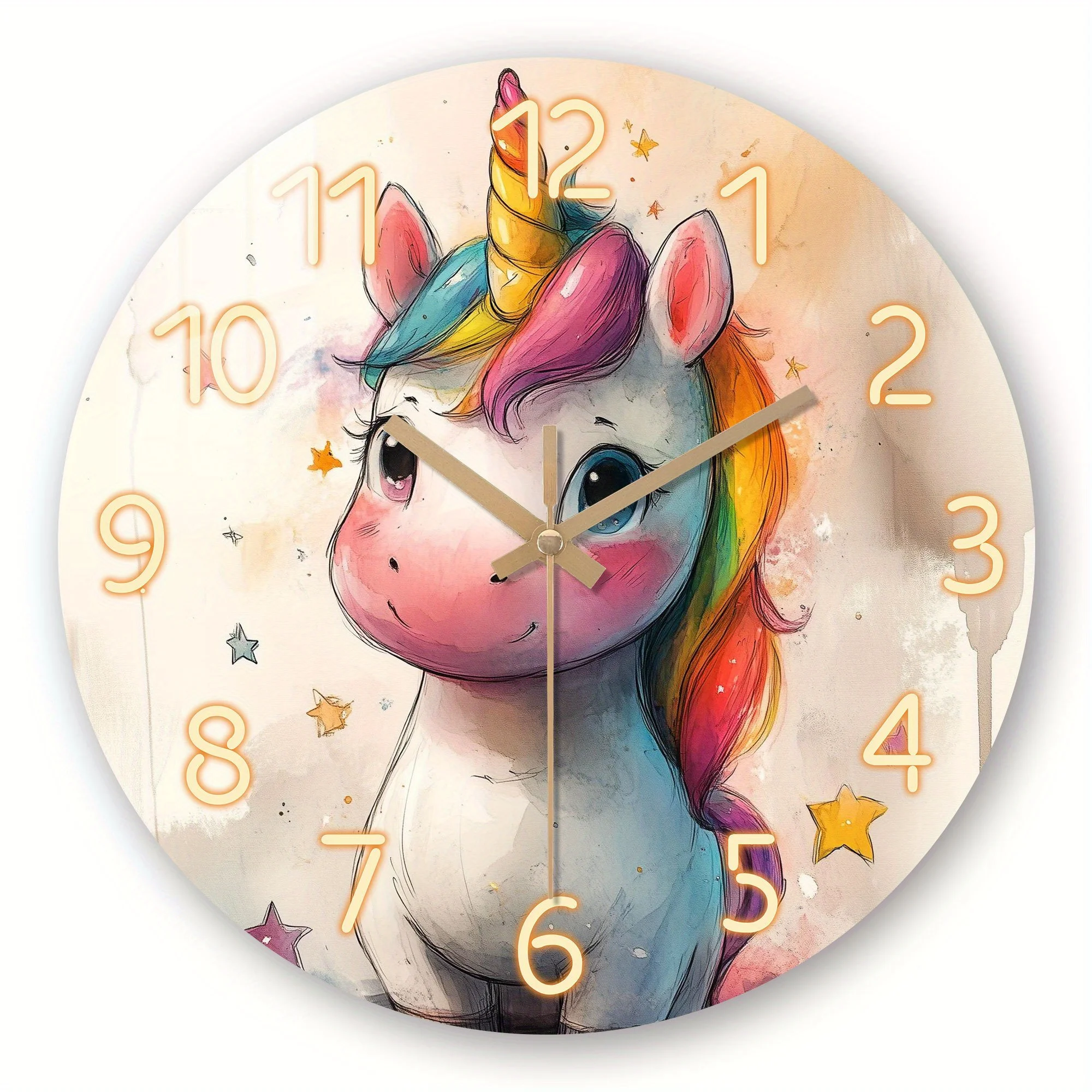 1pc, Cartoon Unicorn Crystal Porcelain Veneer Wall Clock/Dreamy Wooden Non-Ticking Wall Clock/Tempered Film Veneer Wall Clock/Suitable for Home, Living Room, Bedroom Wall Decoration/Ideal Holiday, Birthday Gift/AA Battery Powered (Not Included)