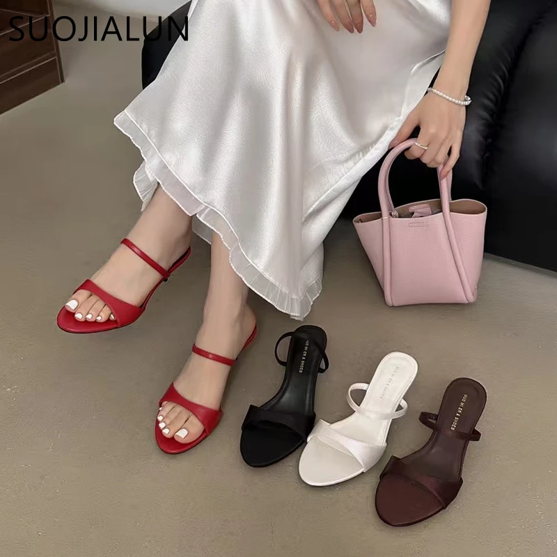 SUOJIALUN 2025 صيف جديد ماركة شبشب نسائي موضة ضيق النطاق الشرائح الضحلة رقيقة كعب منخفض فستان في الهواء الطلق صندل مضخات #2