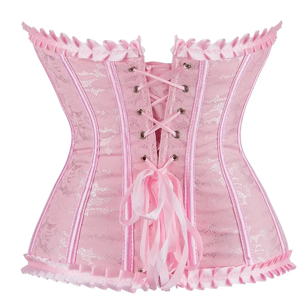 Pink Corset For Women Overbust Push Up Bustier Top Jacquard Ruffled Trim Boned Sexy Gothic Corselet