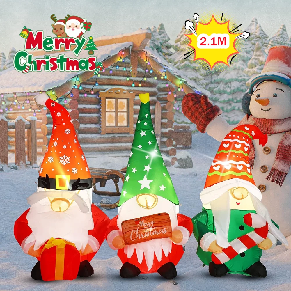 2.1M Long Inflatable Christmas Three Gnomes With Built-in LED Lights, Gift Box Candy Stick Brand, For Lawn And Garden Decoration