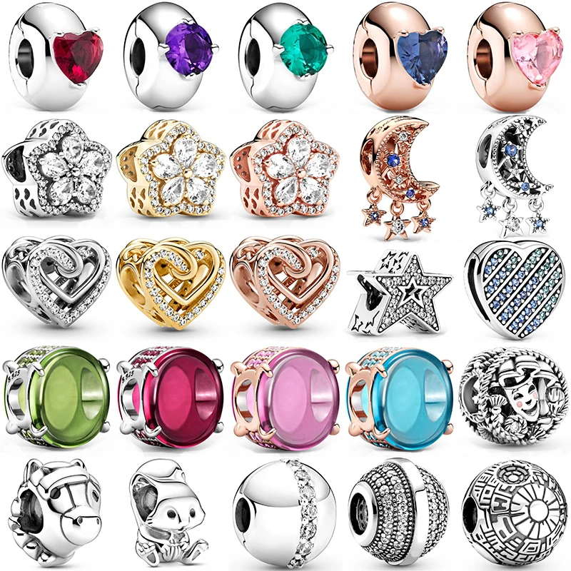 

925 Sterling Silver Rose Gold Moon Star Flower Heart Fox Beads Fit Original Dangle Charm Bracelet Women DIY Jewelry