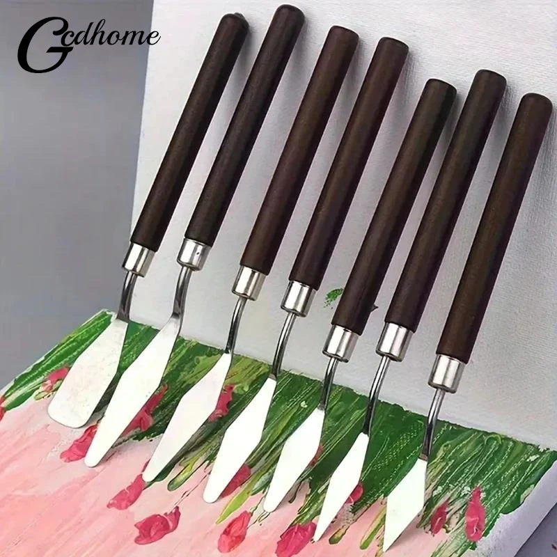 【W】7PCS Watercolor Mixed Art Oil Painting Scraper Set Wood Stainless Steel Gouache Paint Pigment Mixing Knife Hand Tool