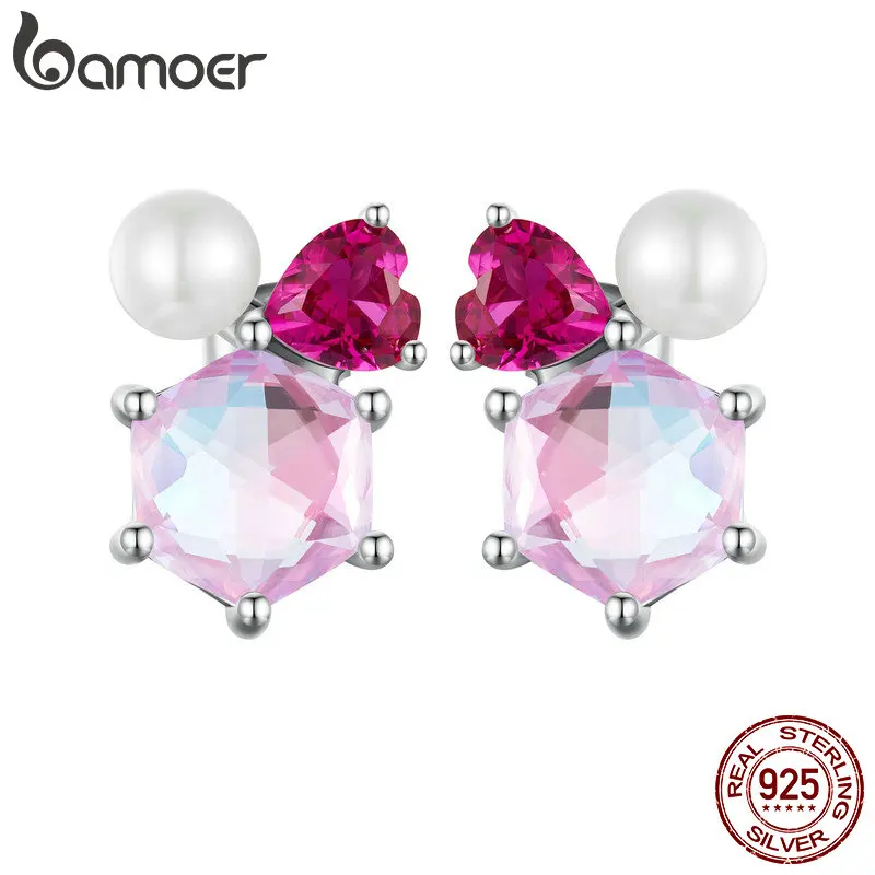 Bamoer 925 Sterling Silver Pink Sparkling Pearl Ear Studs for Women Zircon Ear Studs Fashion Birthday Christmas Gift