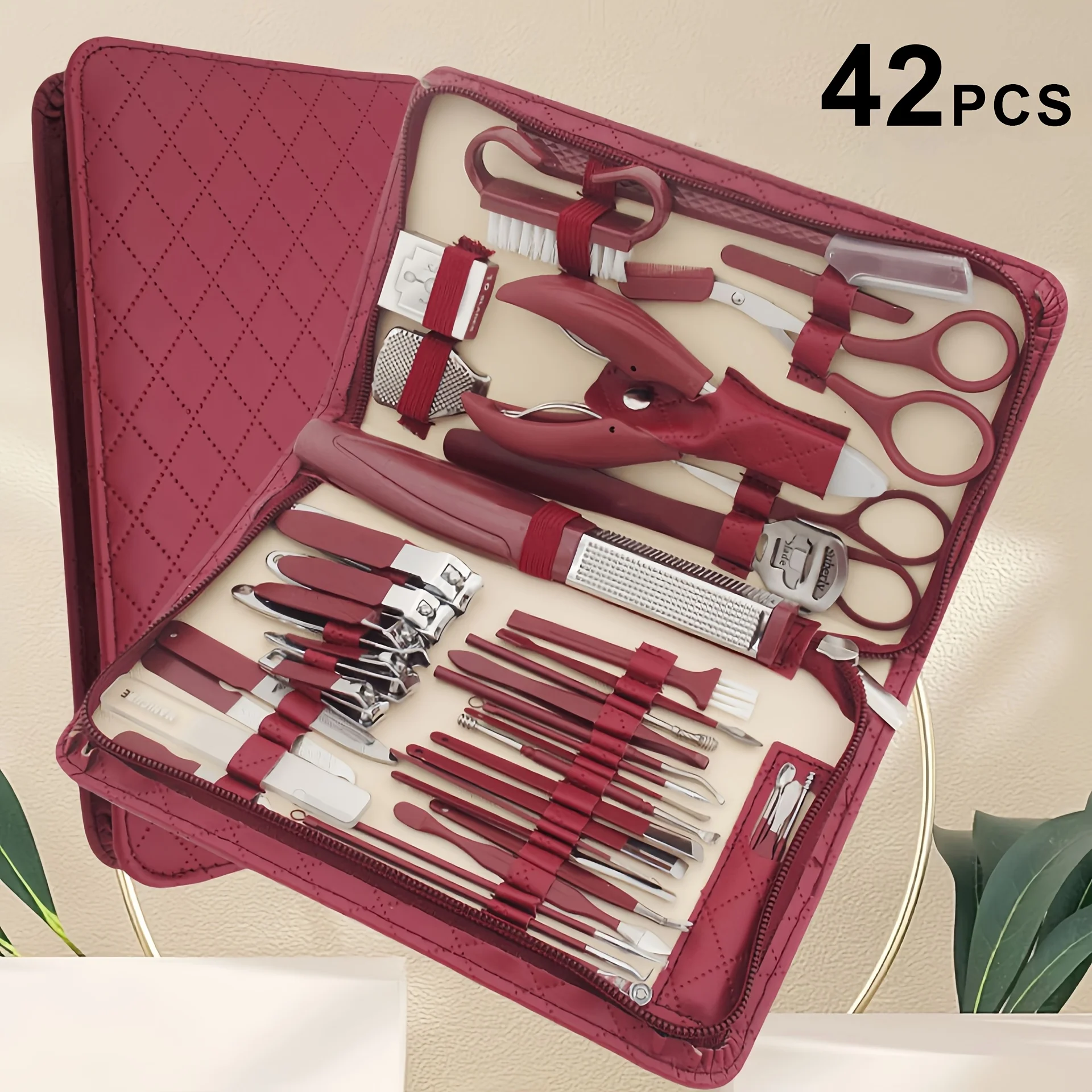 42pcs Stainless Steel Nail Clipper Set Diamond Pattern Zipper Manicure Large Eagle Mouth Pliers Pedicure Knife Ear Scoop Eyebrow