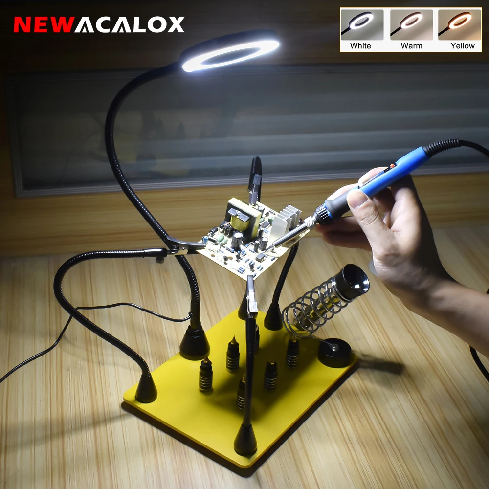 NEWACALOX Welding Third Hand Helping Hands PCB Holder with 4PC Magnetic Flexible Arm 3X LED Magnifying Lamp for Welding Repair