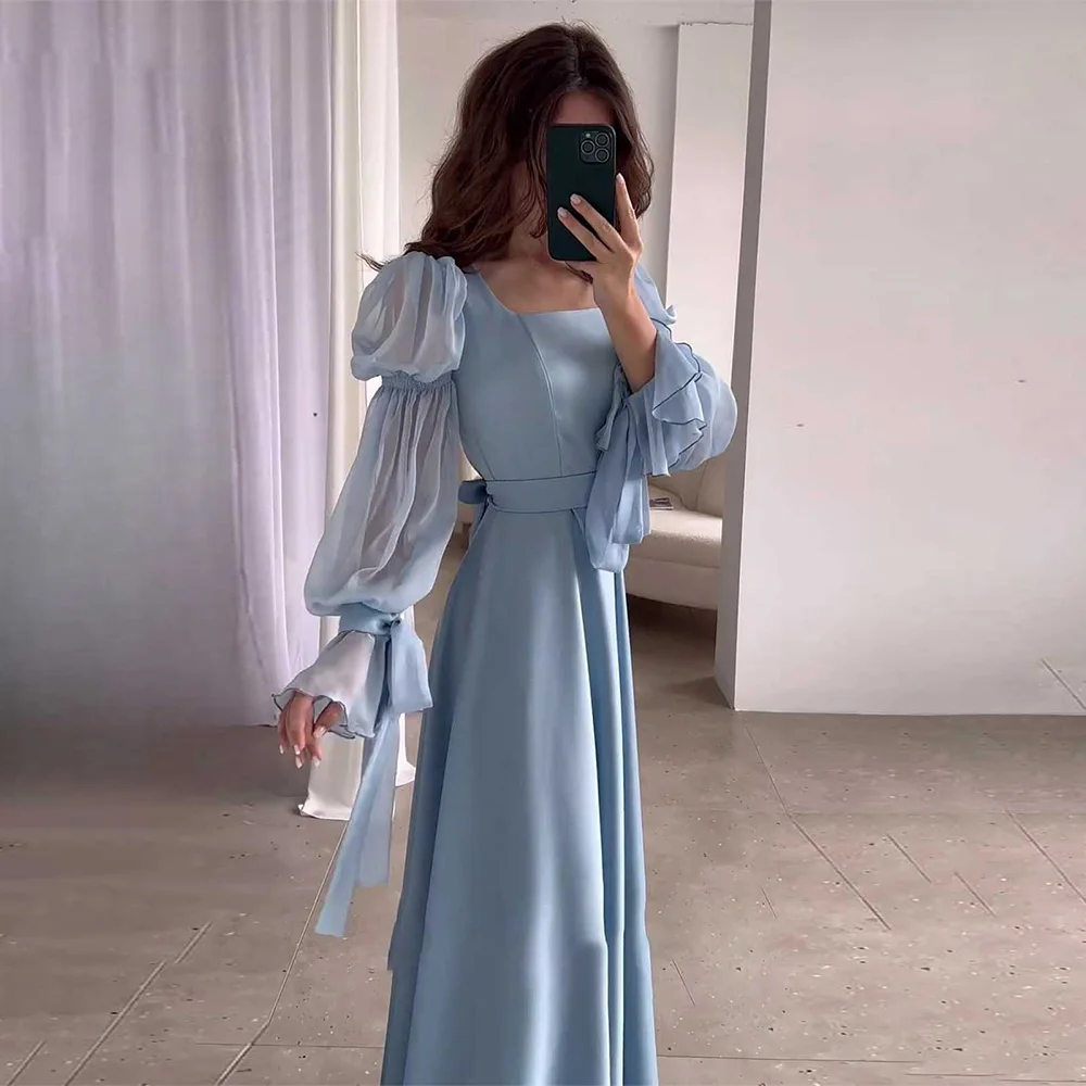 Satin Elegant Solid Dress Women Square Collar Mesh Pleated Lace Up Puff Sleeve Dresses Female 2024 Spring Autumn Lady Robe