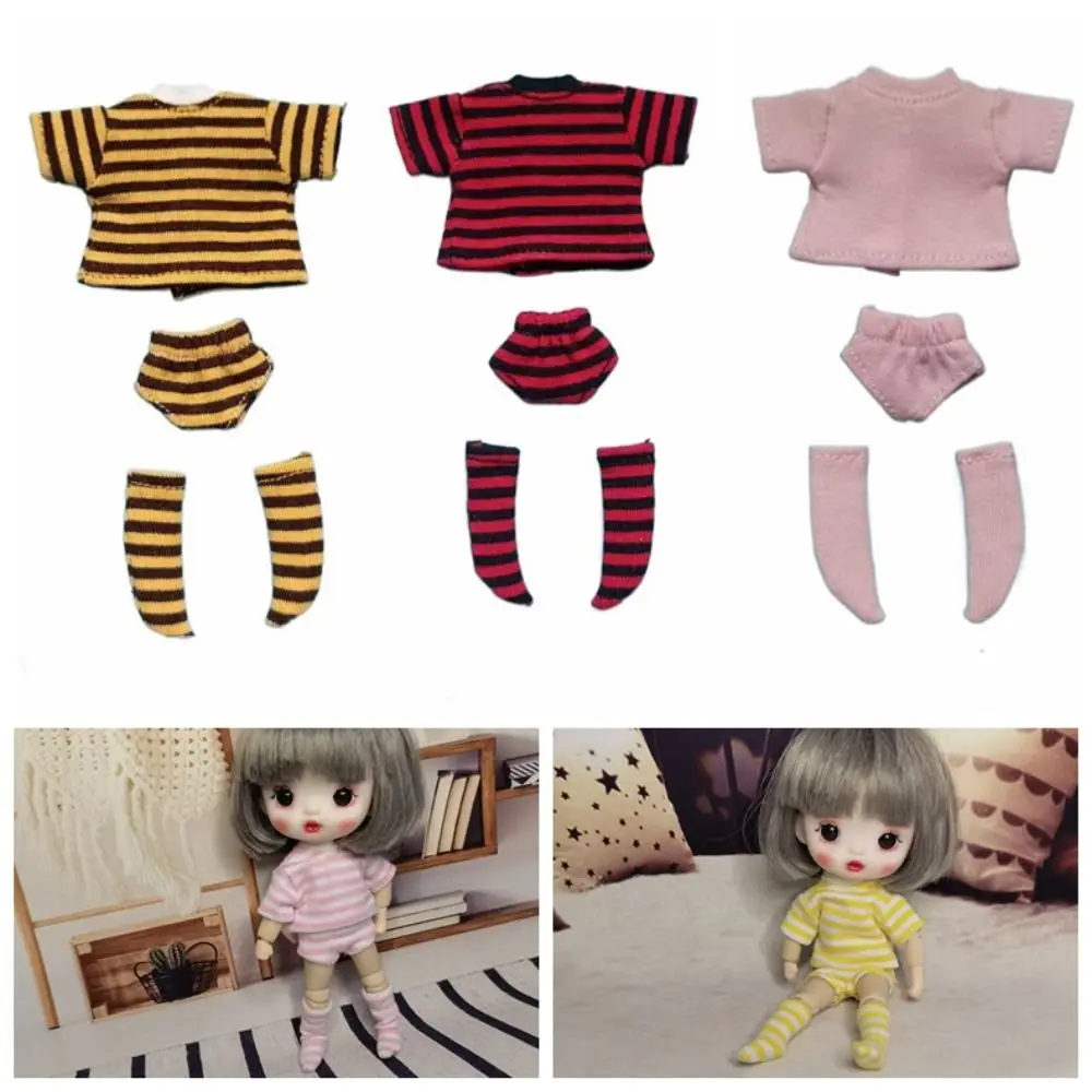 T-shirt Ob11 Doll Clothes Knitted Sweatshirt Shorts Socks Doll Underwear Cotton Three-piece OB11 Striped Tops 1/12 Doll