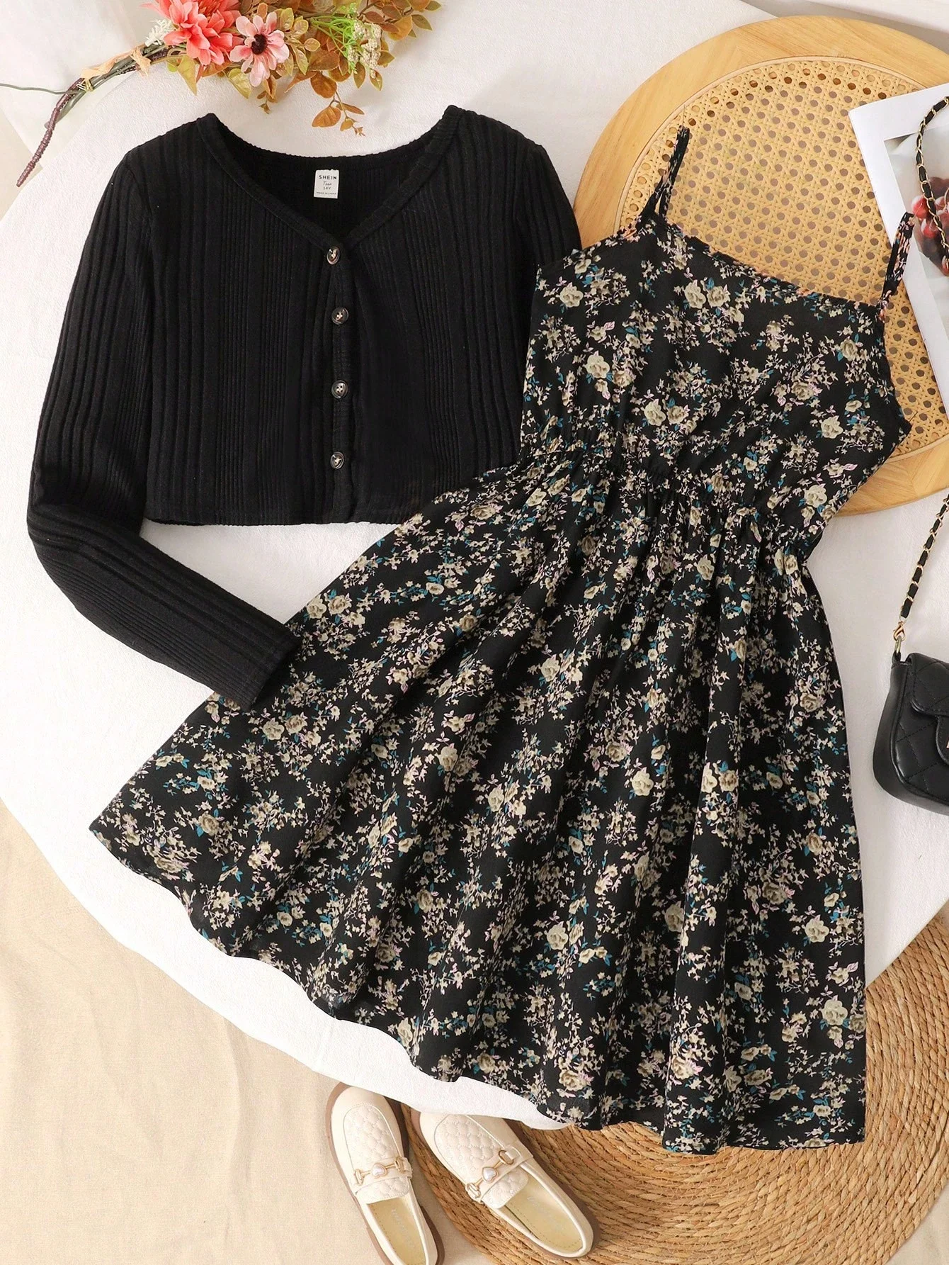 

Black Ribbed Knit Cardigan And Floral Waist Tie Slip Dress Set Vintage Casual Outfit
