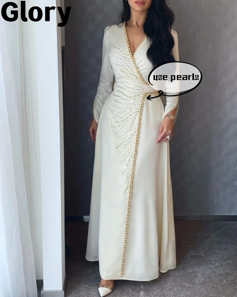 Glossy Pearls Prom Dresses 2023 Long Sleeves V-neck Silver Sequins Beads Sash Arabia Elegant Formal Evening Dresses Vestidos De