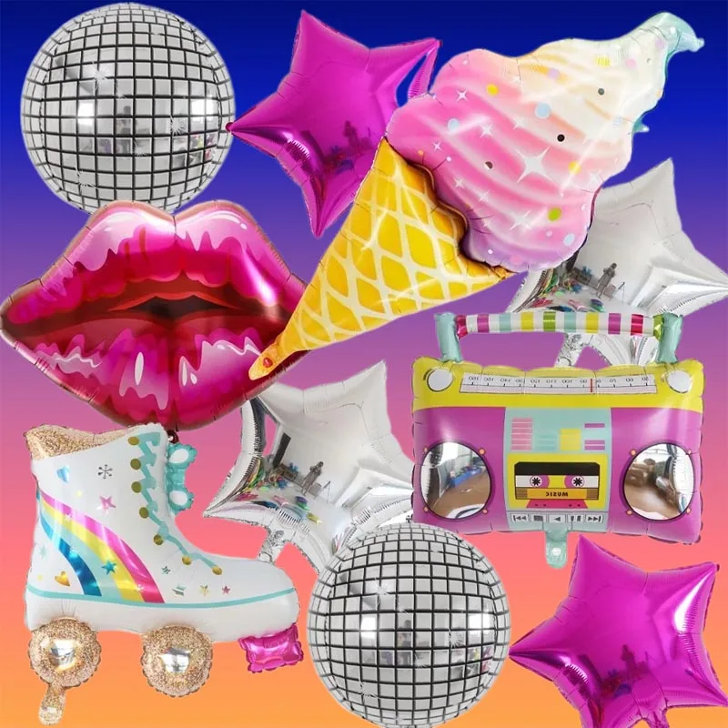 10 Stück 22 Zoll 4D Regenbogen Rollschuh-Ballon Boombox-Ballon Disco-Folienballons 80er 90er Retro-Thema Geburtstagsparty-Dekoration