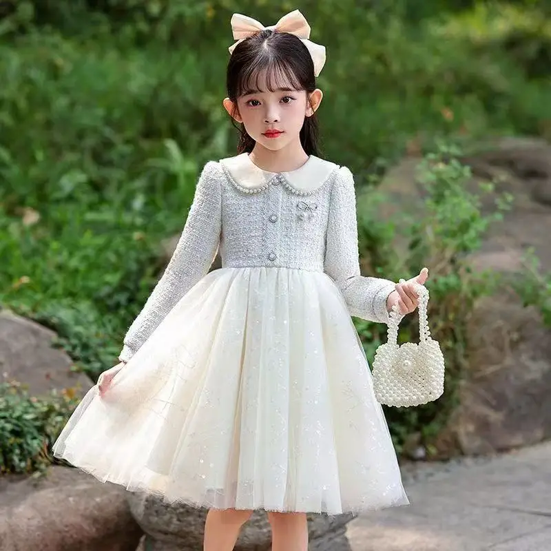 Girls' Dress Children's Autumn and Winter Small Fragrant Style Dress 2026 New Style Fluffy Princess Dress Mesh Patchwork Skirt