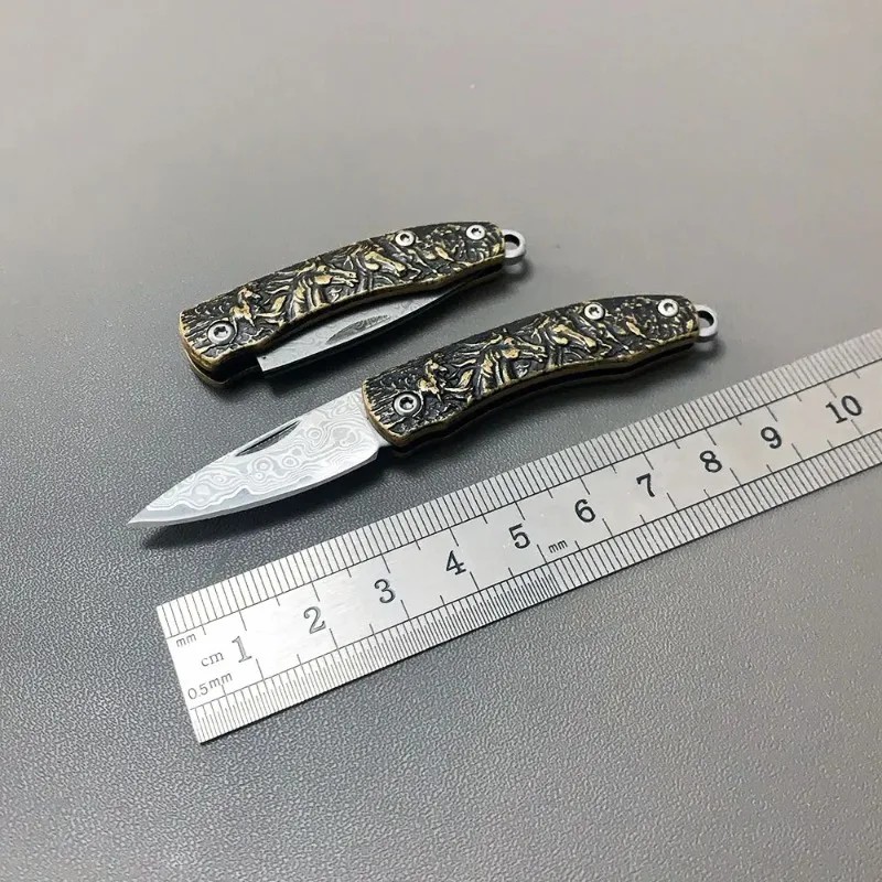 Damascus Pattern Stainless Steel Blade 3D Brass Handle Mini Folding Knife Small Portable Outdoor Camping Keychain For Survival