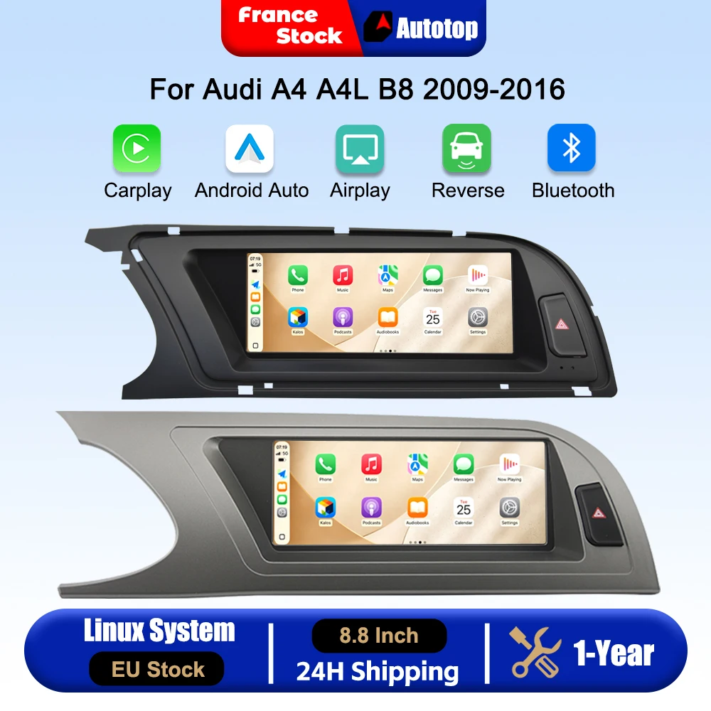 Bezprzewodowy CarPlay Android Auto 8,8-calowy ekran dotykowy do Audi A4 A4L B8 2009-2016 Inteligentne systemy samochodowe Inteligentne multimedia Radio samochodowe z Bluetooth, nawigacją GPS, funkcją