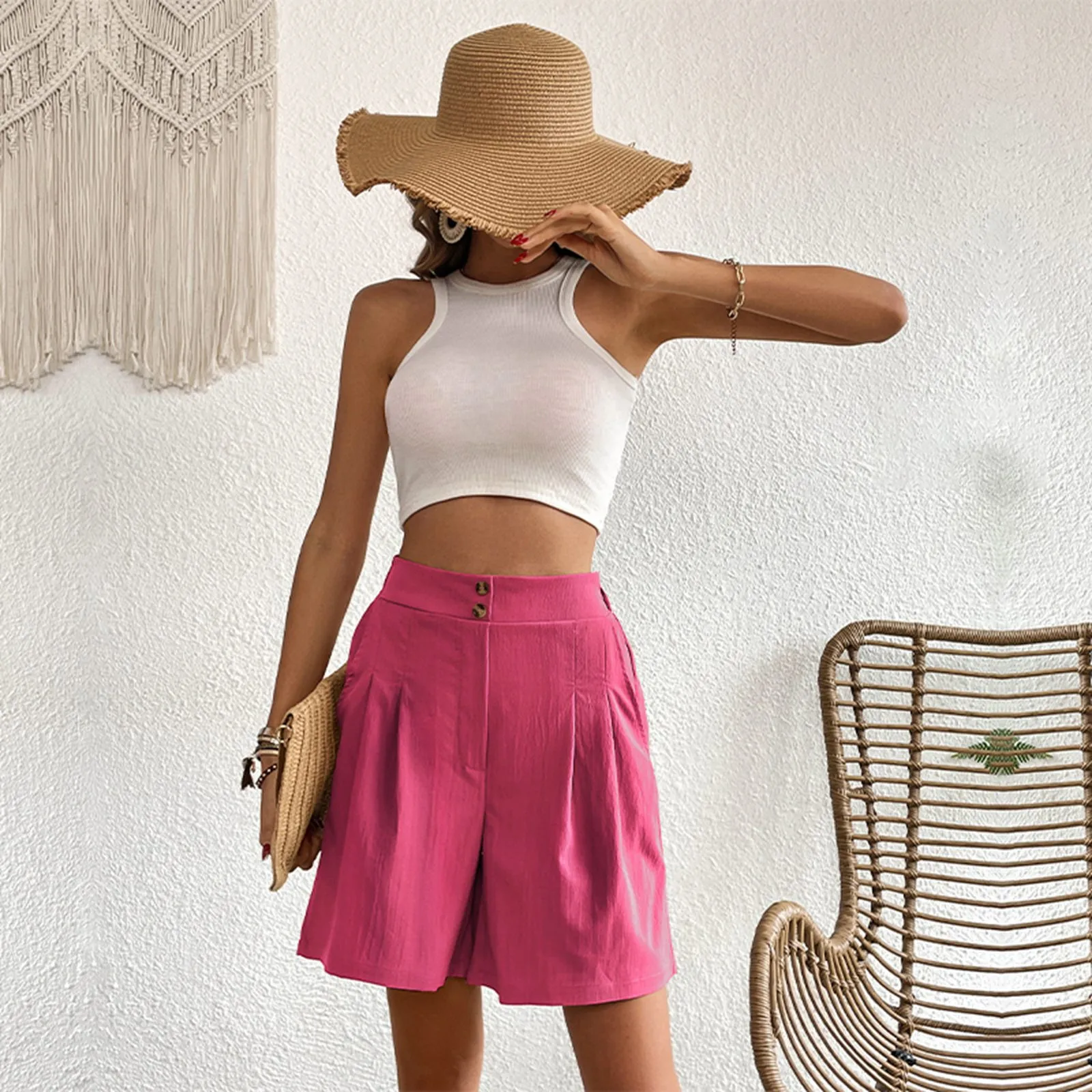 

2024 Summer New Women'S Clothing Loose High Waist Casual Sagging Sensation Solid Color Wide Leg Trend Fashion Commute Shorts