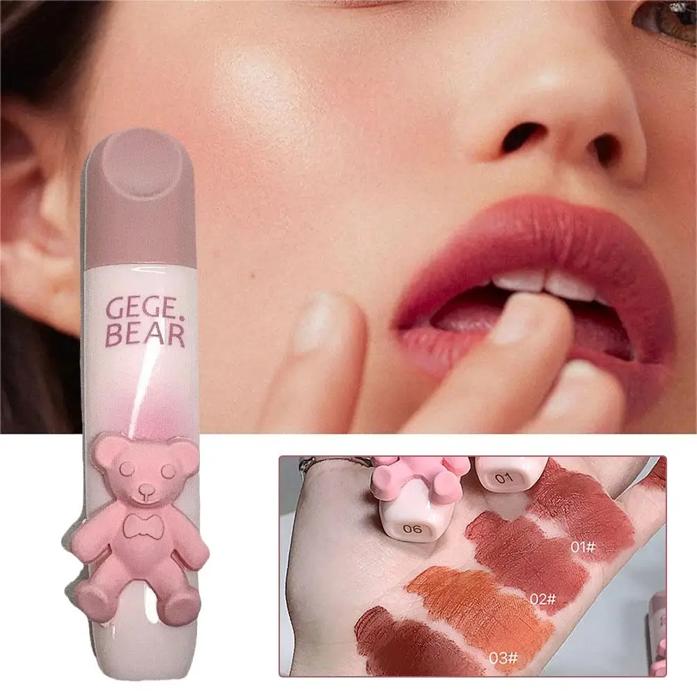 Cute Bear Lipstick Long Lasting Lip Gloss Matte Lip Cosmetic Beauty Lipstick Liquid Non-stick Cup Waterproof Makeup Glaze C D4E7