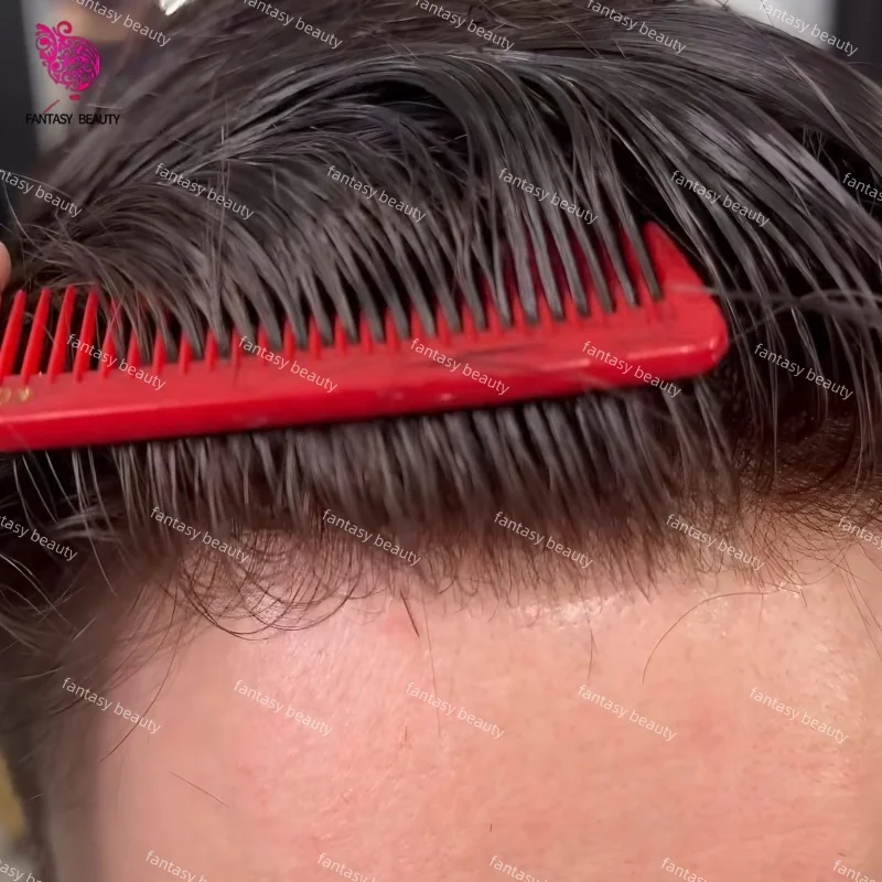 軽量 80%-100% 密度 0.02mm 超薄スキン Vループ ブラックグレー メンズヘアピース 見分けがつかない 100%人毛 自然な生え際