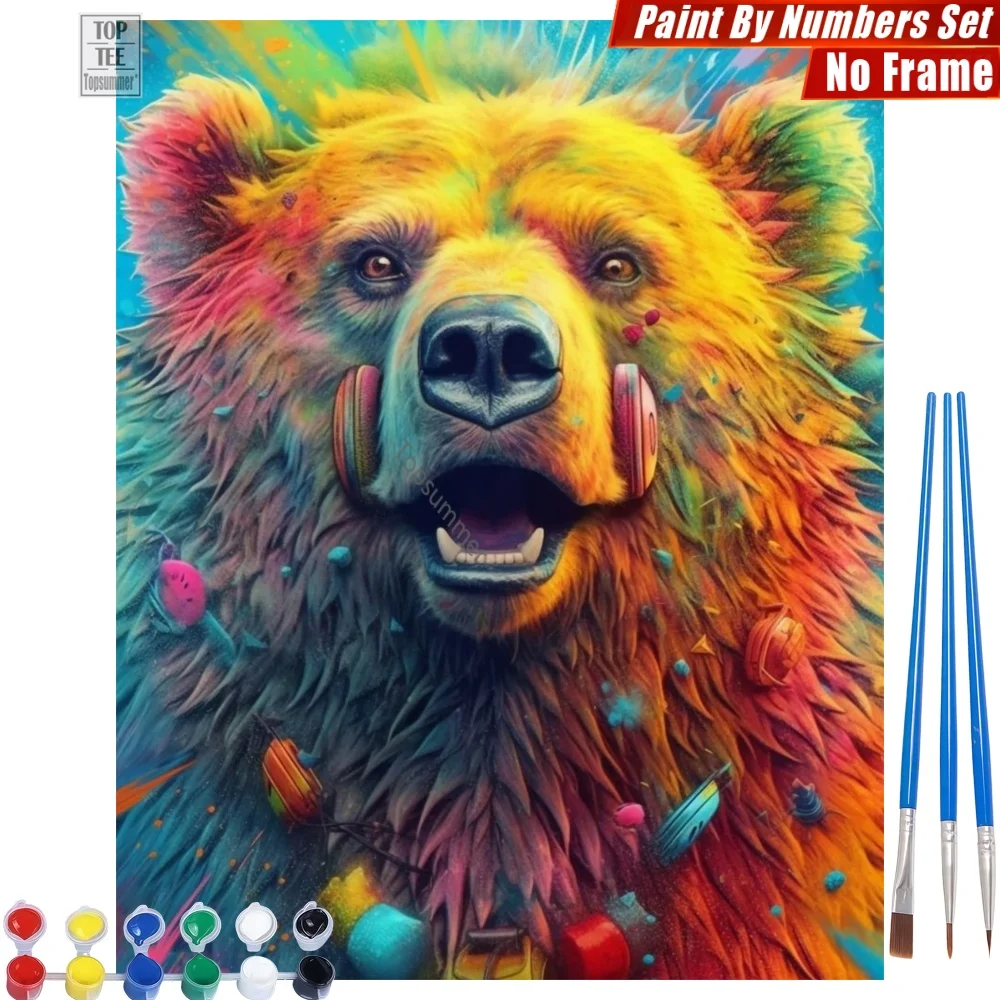 Contemporary Colorful Bear Paint By Number Kit - Headphones Splatter Paint Artistic Activities Christmas Gift For Daughter