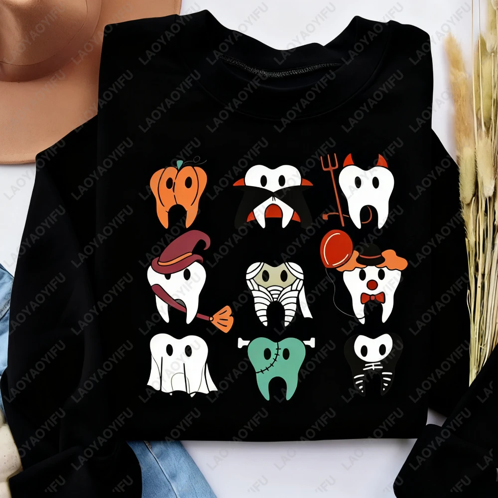 Assustador halloween dentista padrão moletom abóbora fantasma dental impressão hoodie mulher homem quente novo na moda adorável hoodies