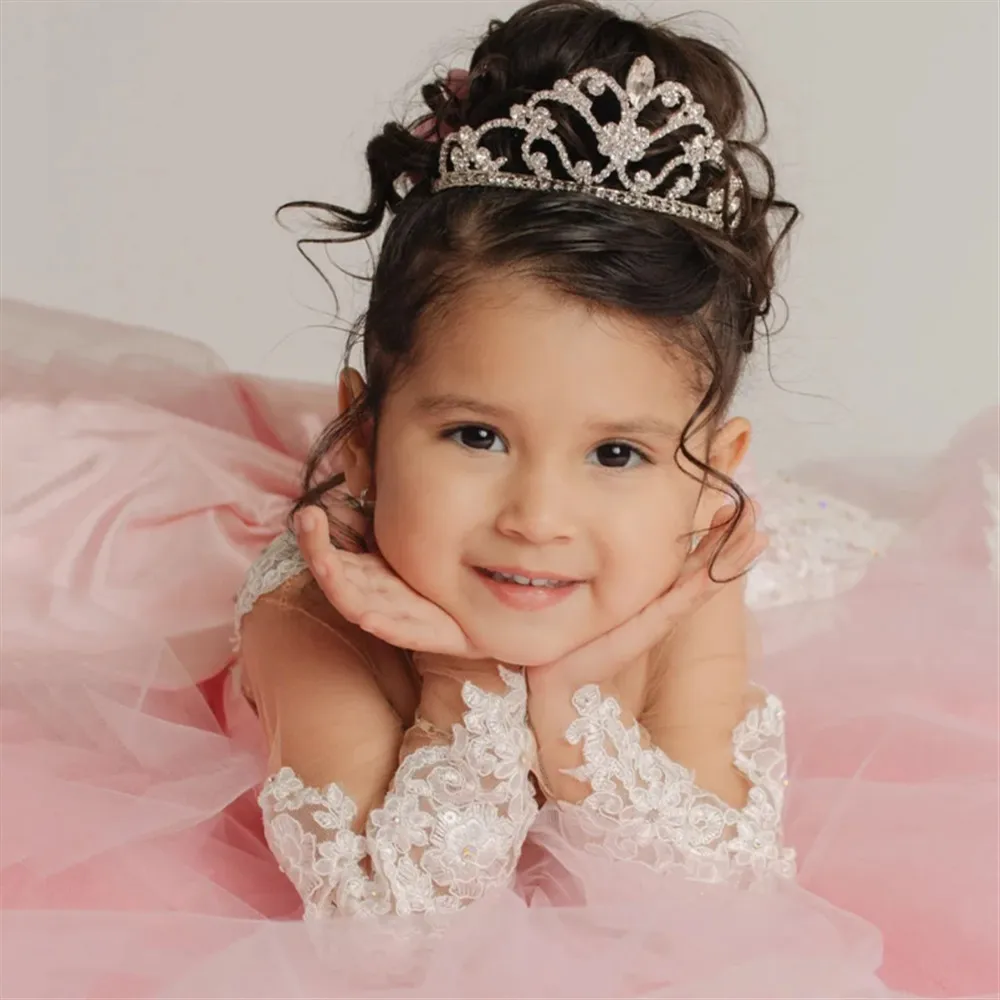 Robe de mariée à fleurs roses pour filles, manches longues, avec des Appliques en dentelle avec nœud, robe de fête d'anniversaire pour enfants, robe de bal, de Banquet, de Communion