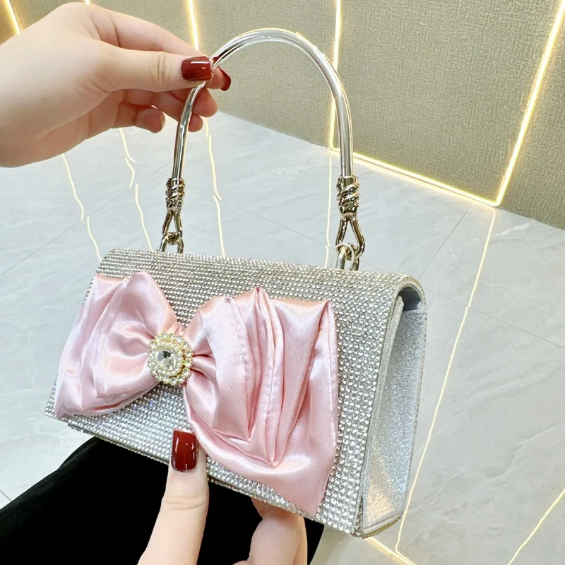 Leichte Luxus elegante Retro Diamant Schleife Kette Damen kleine quadratische Taschen Hochzeit Party Taschen Strass Handtasche Umhängetasche