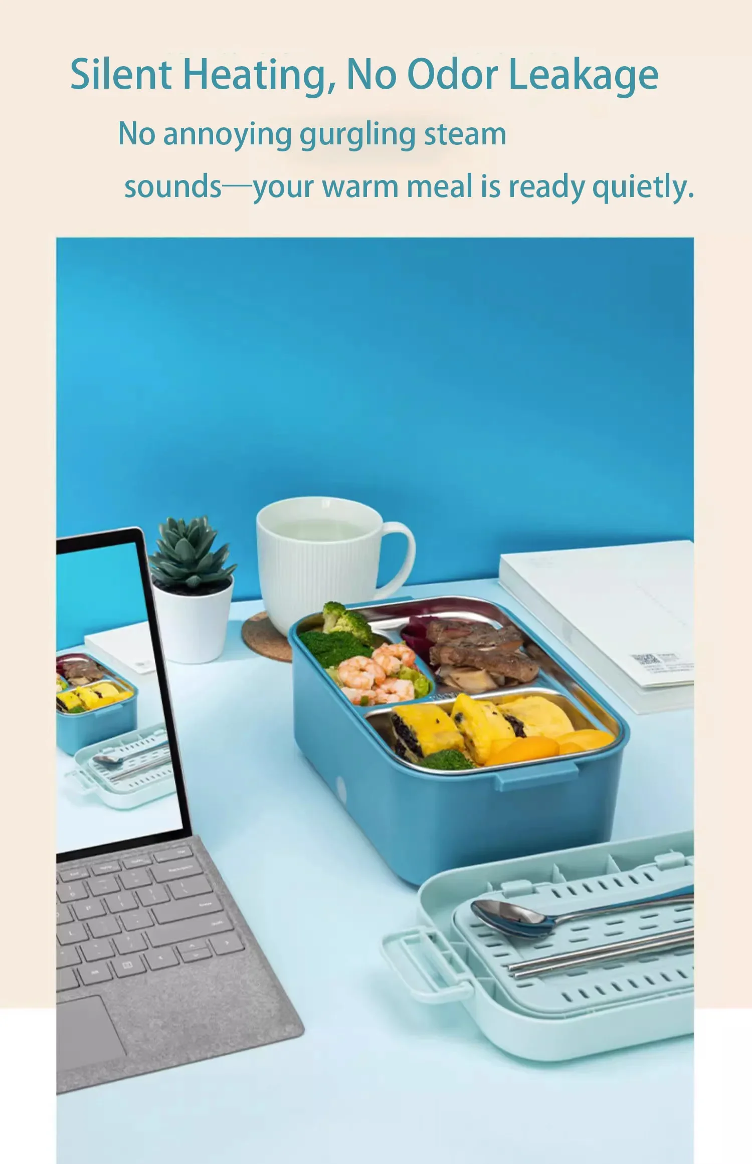 Portable 1L rechargeable electric heating lunch box with wireless 70°C constant temperature heating and builtin 10400mAh battery