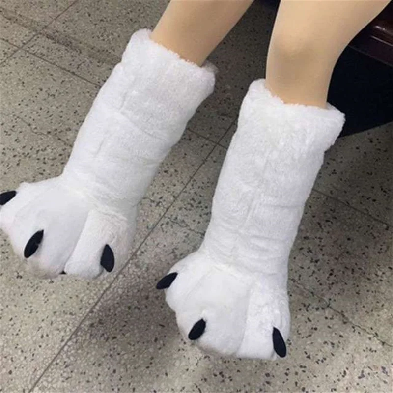 Funny Winter Women High Boots Bear Claw Shoes Plush Cotton Home Floor Warm Furry Creative Cosplay Boots Fur Slides Gift Friends