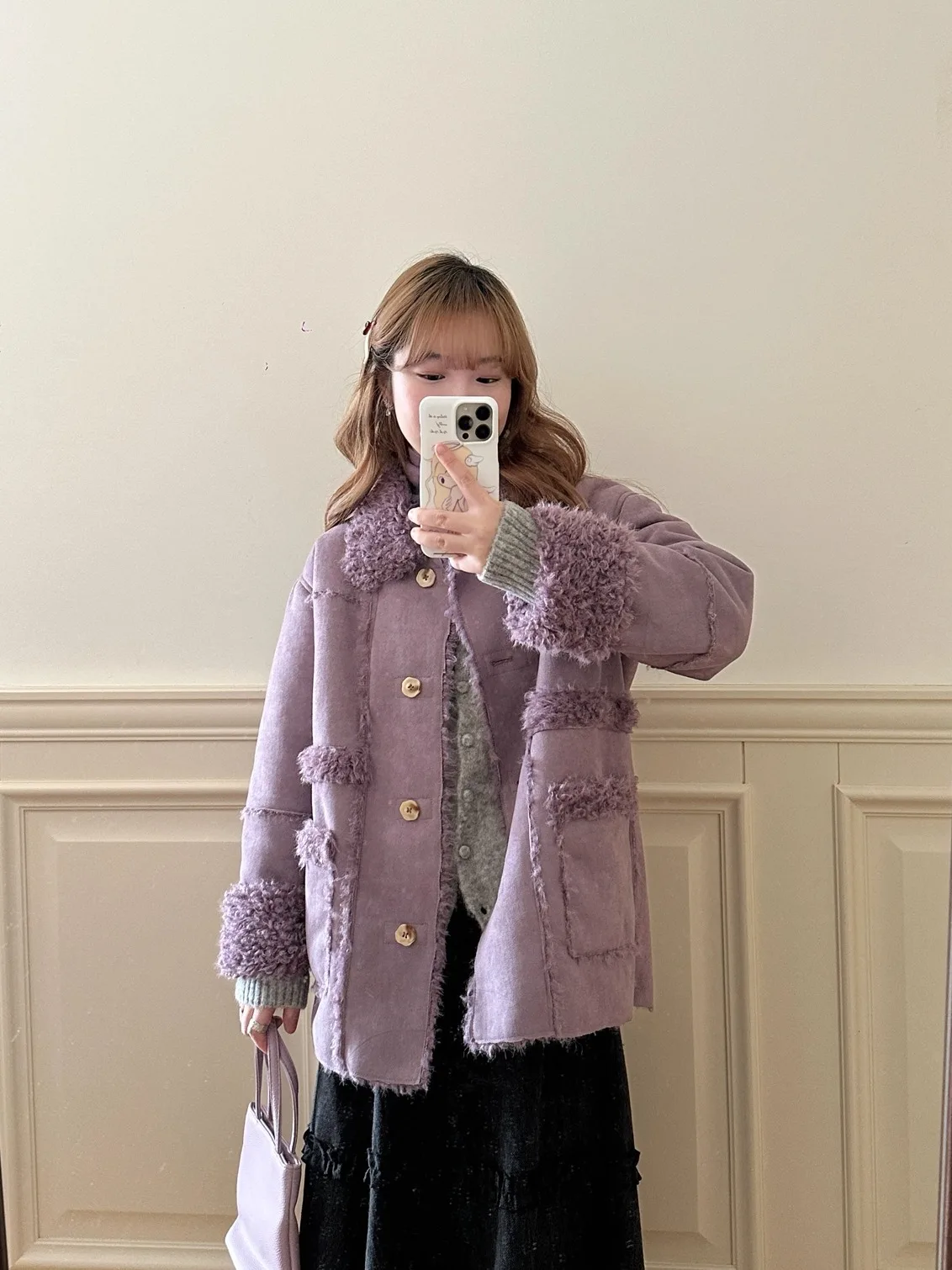 Prawdziwie Ciepły Zimowy Płaszcz z Futra Dwustronny Noszony Od Przodu i Od Tyłu Wyszczuplający Płaszcz Wierzchni Francuski Elegancki Długi Średniej Długości Zapinany na Guziki