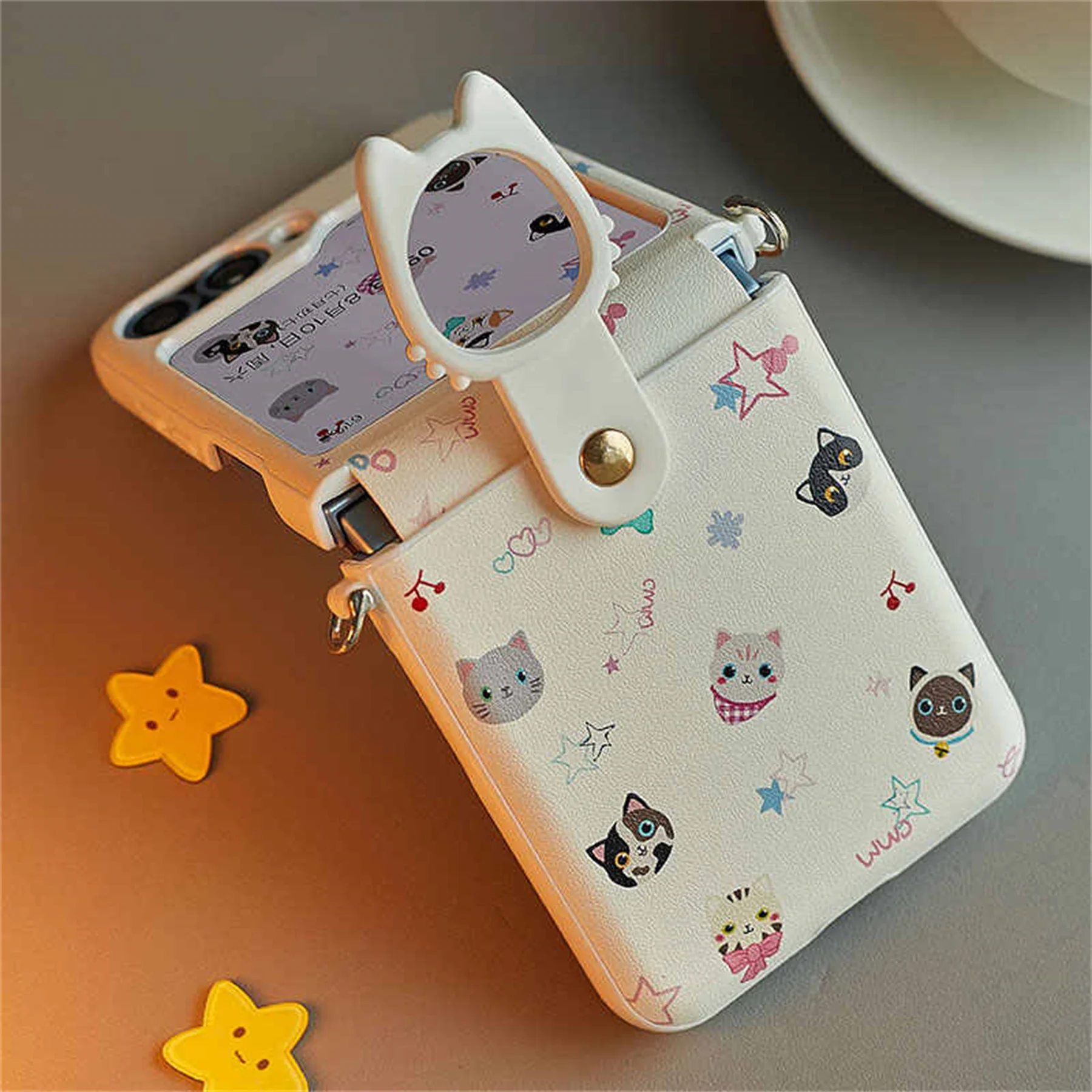 Fashion Korean ins Full Screen Cute Cat Solid White Leather Phone Case with Ring for Galaxy Z Flip 6 Z Flip 5 Z Flip6 Back Cover