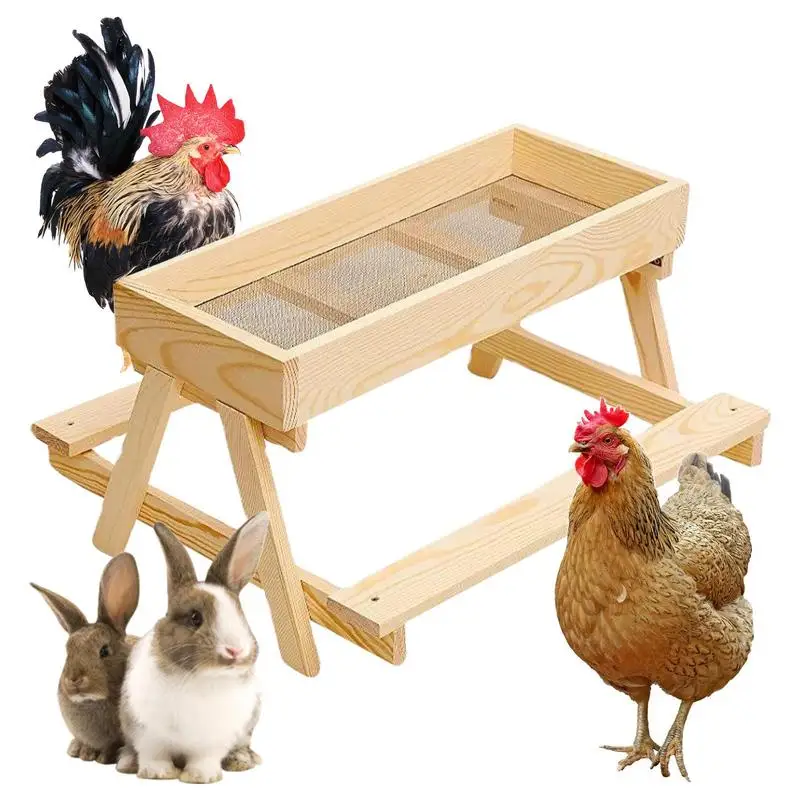 

Chicken Picnic Table Feeder Large Capacity Chicken Feeder Wooden Mesh Bottom Stand Keeps Food Fresh Dry For Poultry Turkey Duck