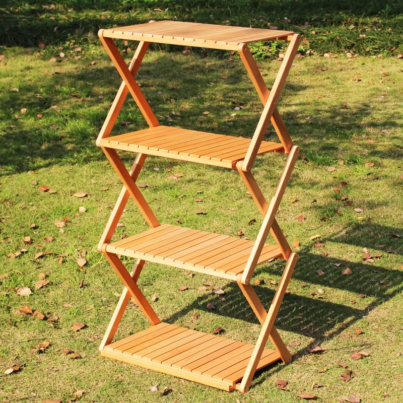 Outdoor Camping 4 Layer Folding Wooden Shelves Garden Picnic Foldable Wood Storage Rack Shelf