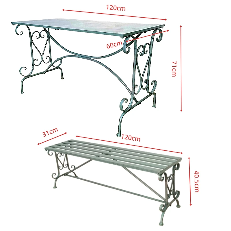 European-style vintage iron art long table and bench for outdoor courtyard, multi-person dining table, dining chairs, coffee table, tea table. Not a set, must be purchased separately