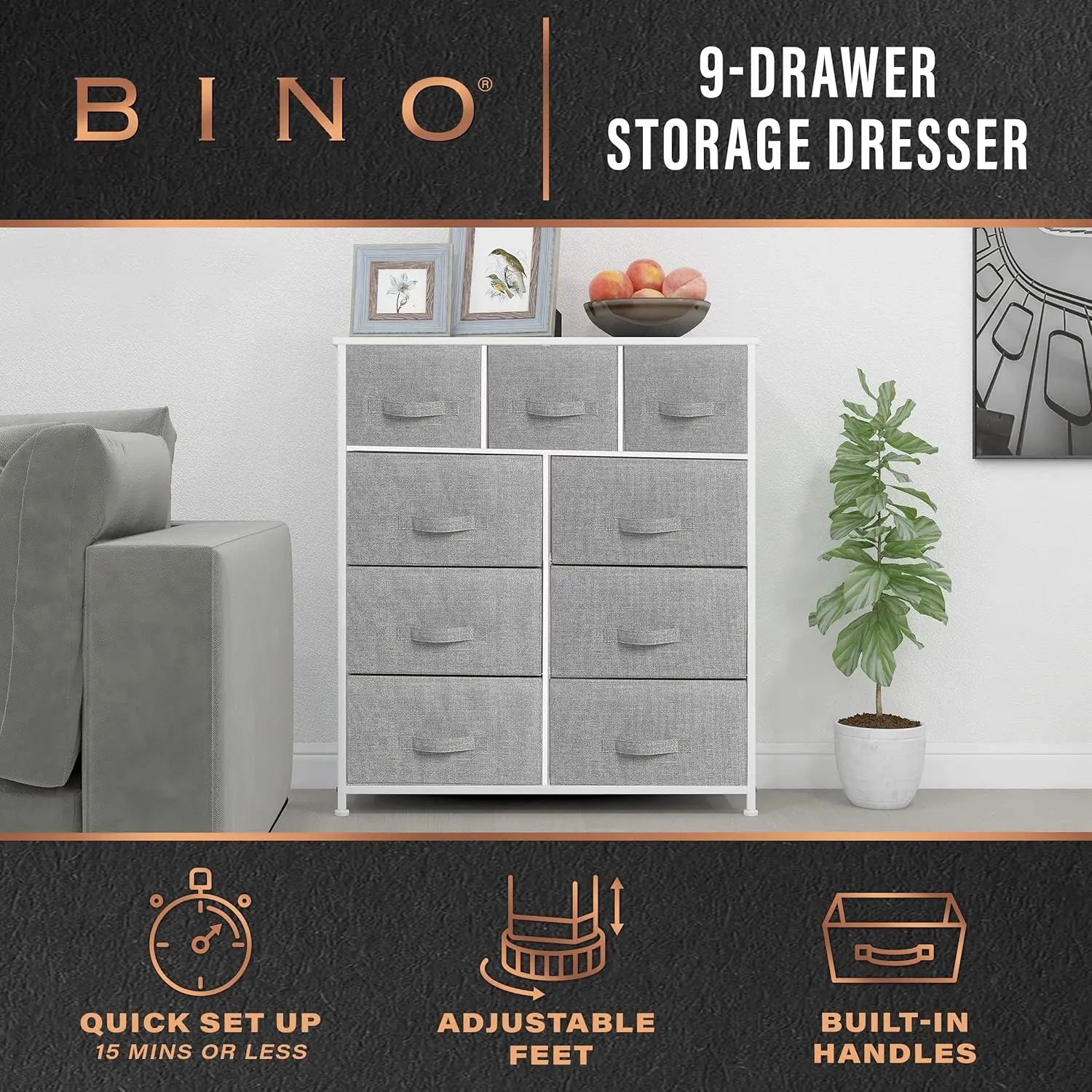 

Bino 9-Drawer Fabric Dresser Organizer, Light Grey | Closet Organizer Unit | Dresser Tower | Clothing Drawer & Dresser