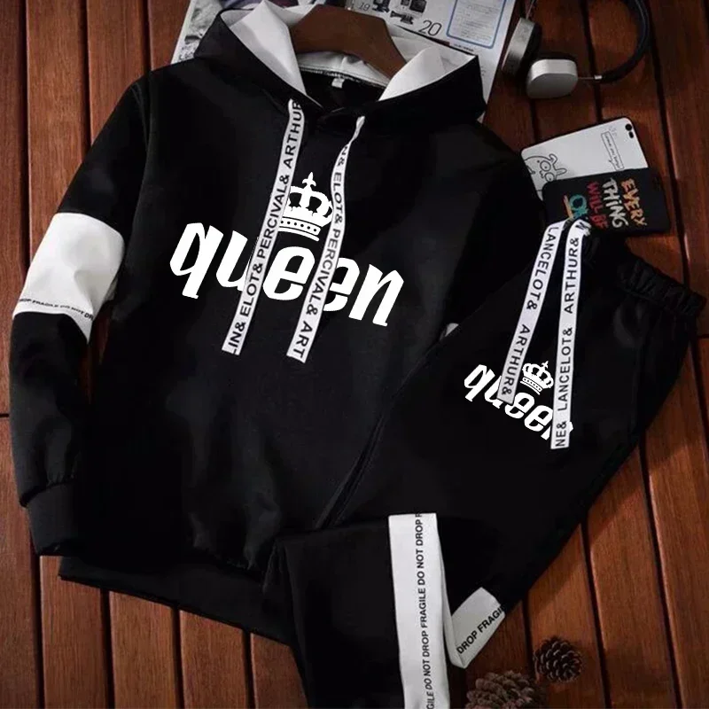 Couple King and Queen Printed Sports Suit Warm Hoodies and Pants Fleece Outfits Outdoor Jogging Clothing Men and Women