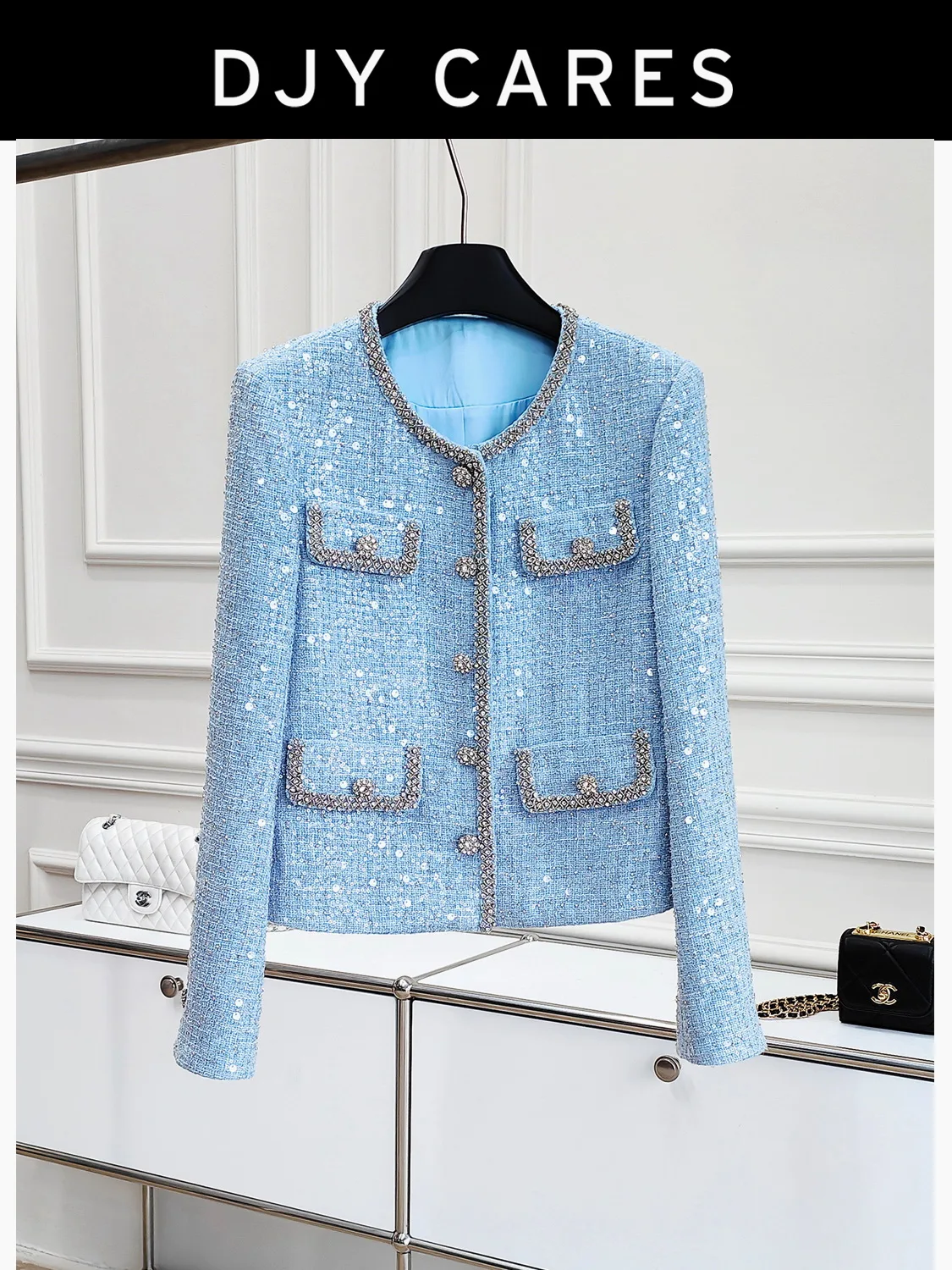 

New Bold tweed light blue heavy industry diamond chain jacket fashionable top big size
