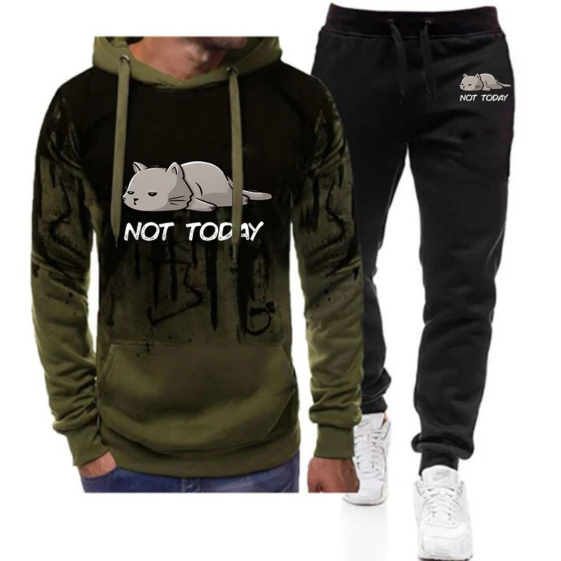 

2025 Not Today Funny Print New Men Fashion Casual Spring And Autumn Gradient Color Hoodie + Casual Sweatpant Suit