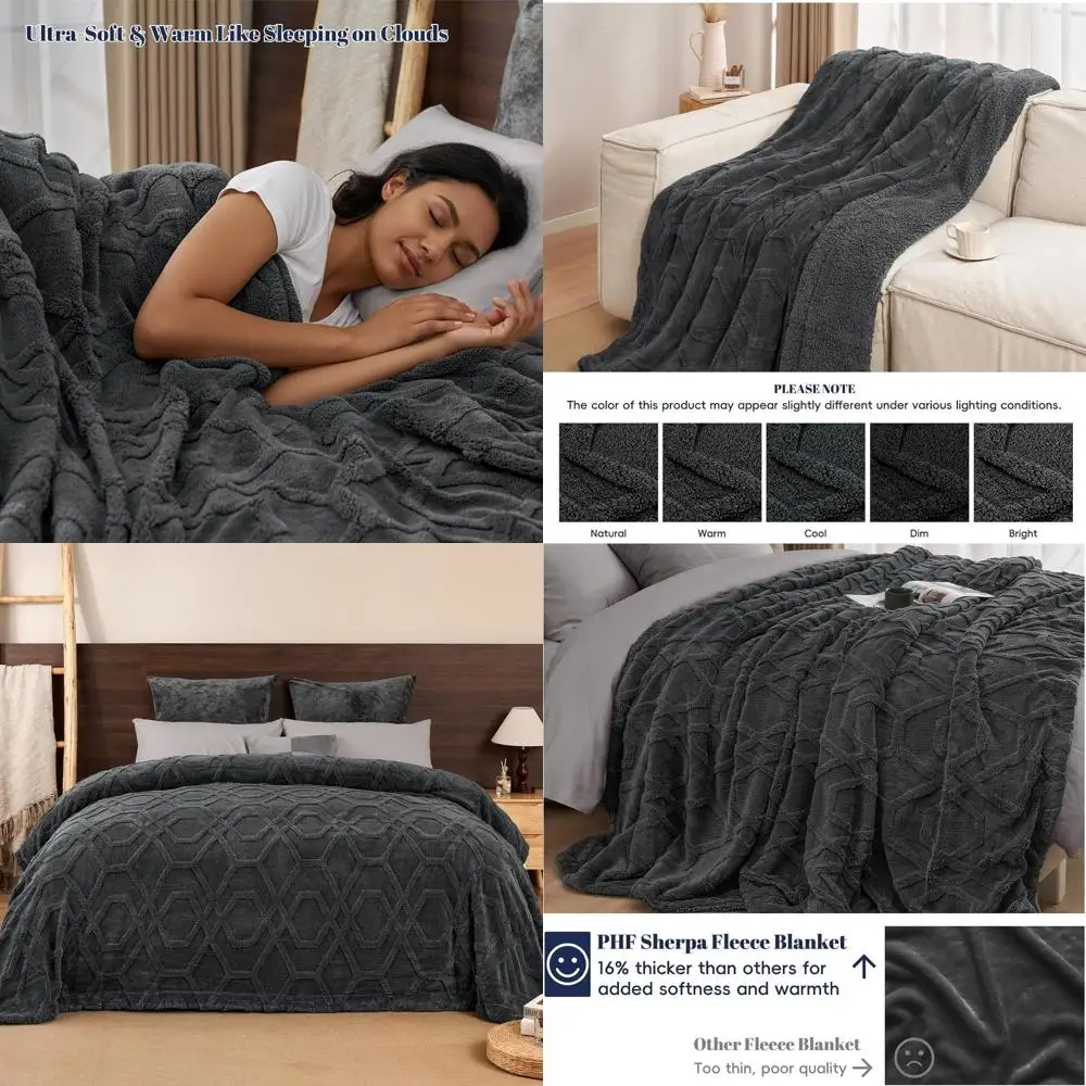 

King Size 3D Tufted Fleece Blanket, 510GSM, Warm & Cozy for Winter, Dark Grey, 108x90