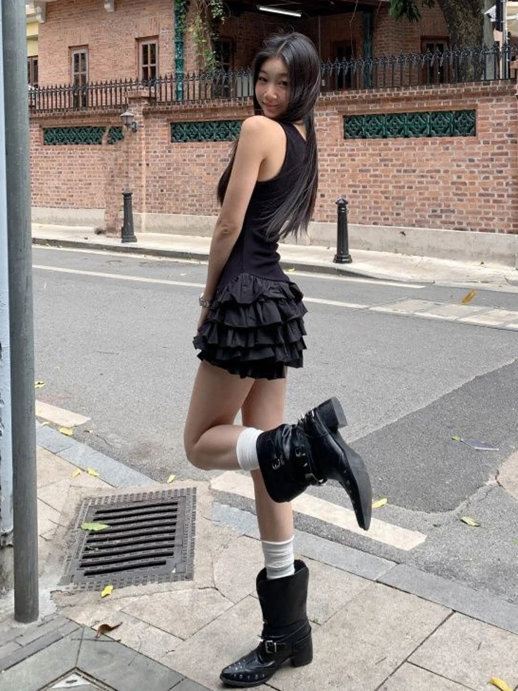 สีดําหวาน Camis ผู้หญิงฤดูร้อนแฟชั่น Ruffle Patchwork Streetwear Tutu ชุดเซ็กซี่ Slim มินิ Vestidos หญิง