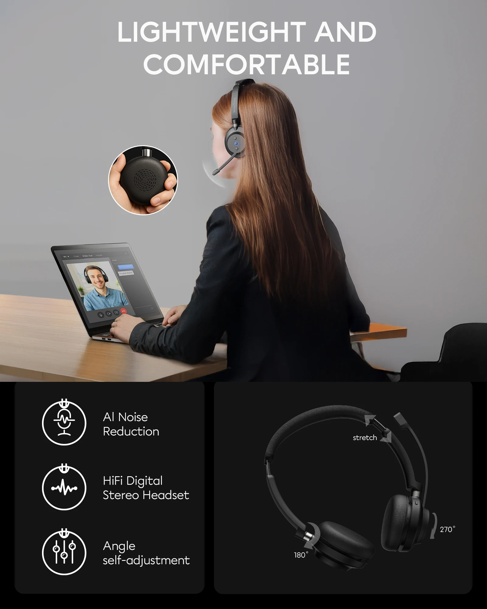 Rownfusny Kabelloses Headset mit Mikrofon für Arbeit Bluetooth Over-Ear-Kopfhörer USB-Dongle für Computer/Remote-Arbeit/Callcenter – Detail 2