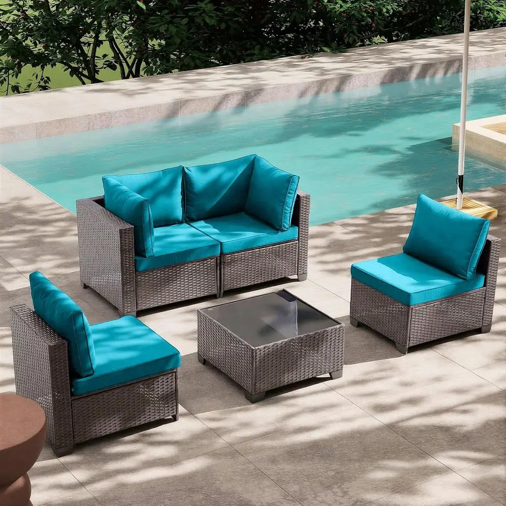 

All-Weather Outdoor Patio Sectional Sofa Set with Glass Table and Cushions for Backyard, Sunroom, Garden, Porch