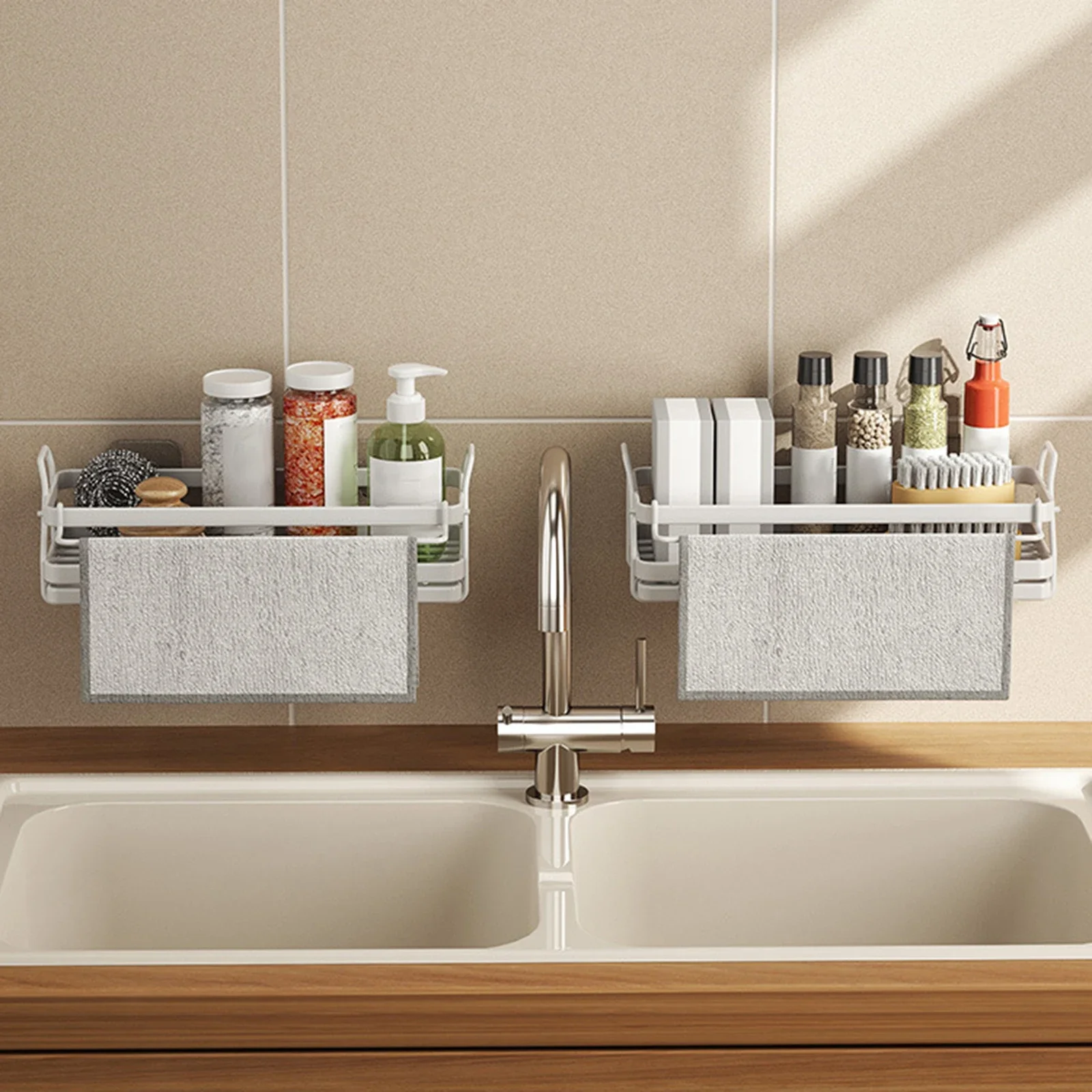 Kitchen sink sponge cradle with removable drain tray, soap dispenser Caddy box, dish cloth sink