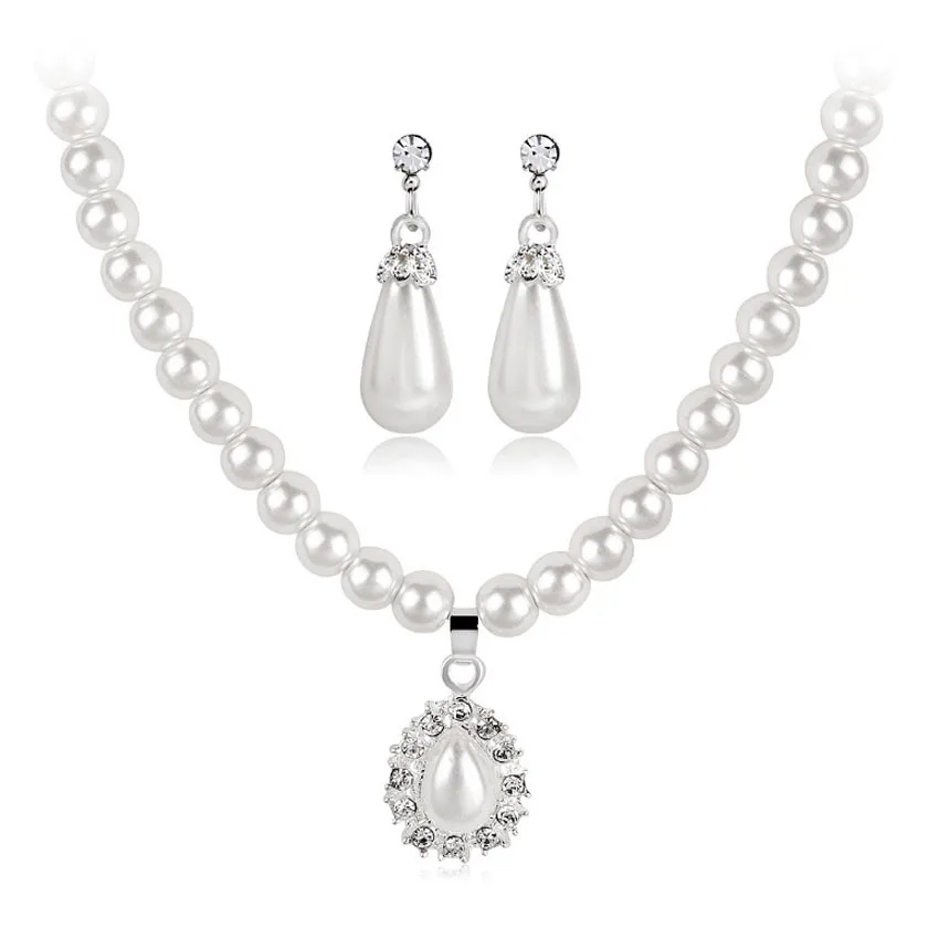 Elegant Fashion Big Pearl Bridal Jewelry Set for Women Silver Crystal Teardrop Earrings Necklace Set for Women Anniversary Gift