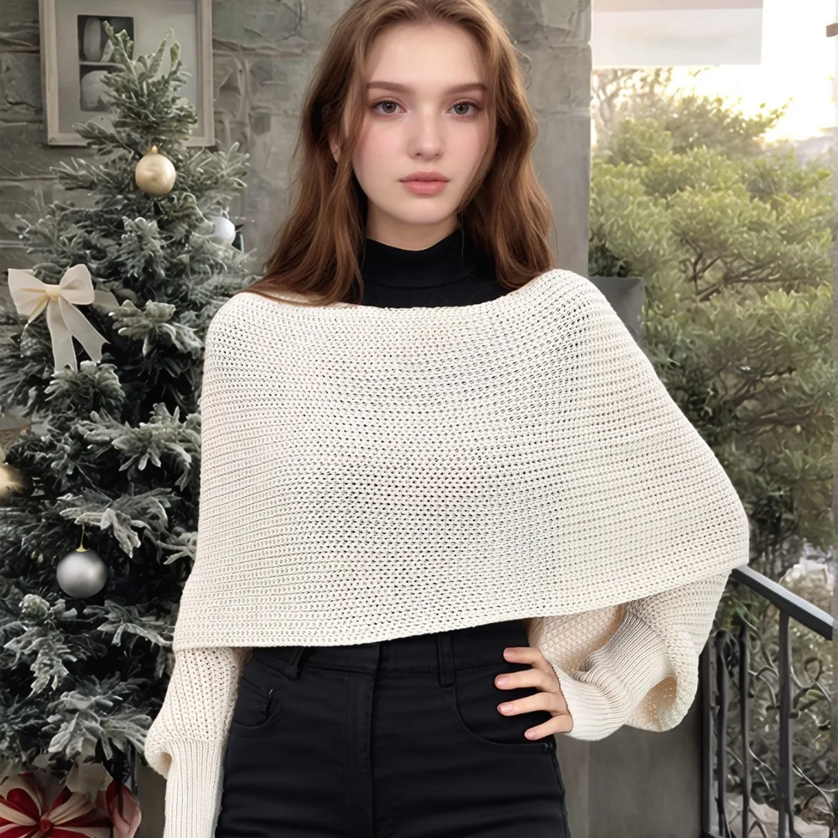 

Шаль однотонный. Новый осенний стиль. Необычные перекрестные рукава «летучая мышь». Верхняя одежда с повседневным вязаным свитером. Короткий стиль.