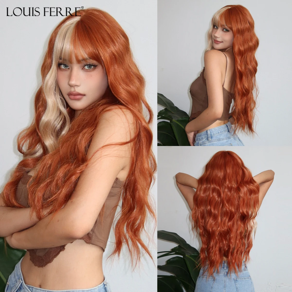 

LOUIS FERRE Orange Blonde Highlight Synthetic Wigs Long Wavy Party Cosplay Wig With Bangs For Women Heat Resistant Fake Hair