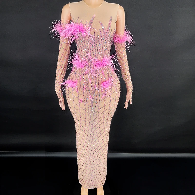 

Customized Hot Selling Sexy Diamond Sequins, Feather Rhinestones, Buttocks Wrapped Dress, Long Dress, Performance Dress